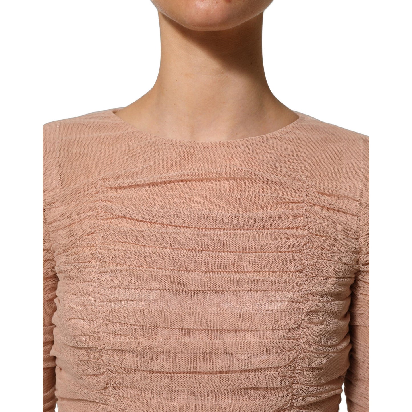 Dolce & Gabbana Beige Cotton Mesh Ruched Sheath Midi Dress