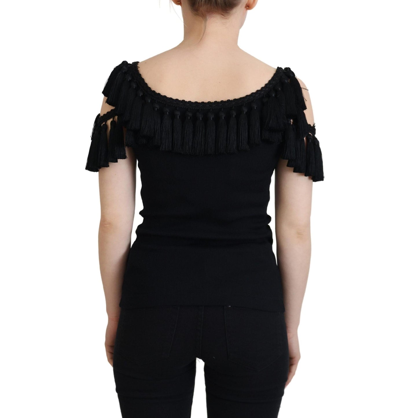 Dolce & Gabbana Black Tank Top Blouse Tassle Cotton Blouse