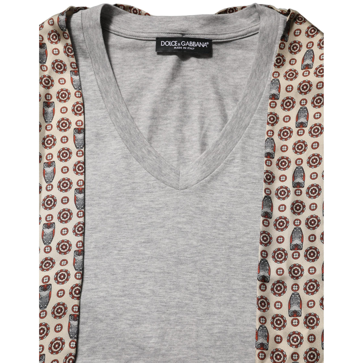 Dolce & Gabbana Gray Cotton V-neck Owl Silk Scarf Top T-shirt