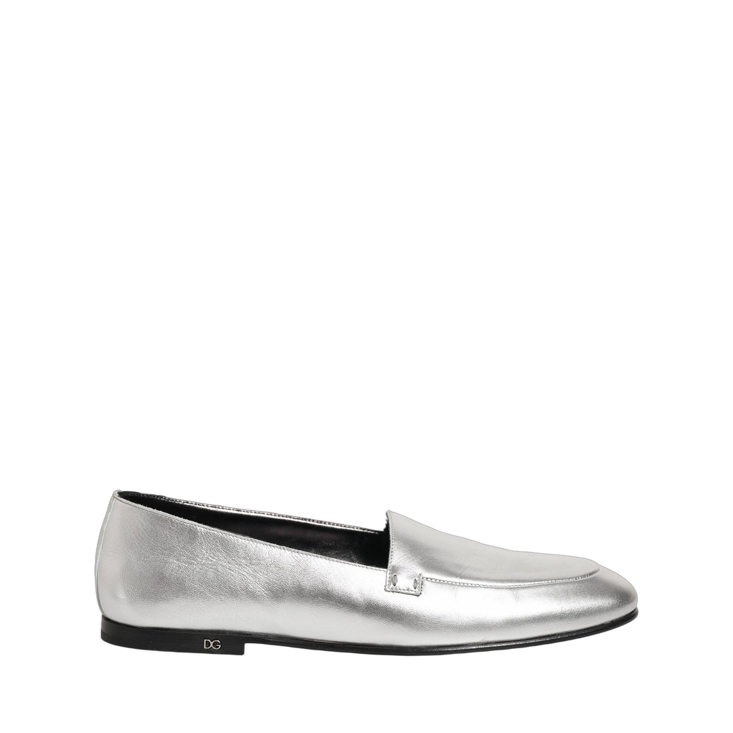 Dolce & Gabbana Silver Leather DG Logo Slip On Loafers Shoes