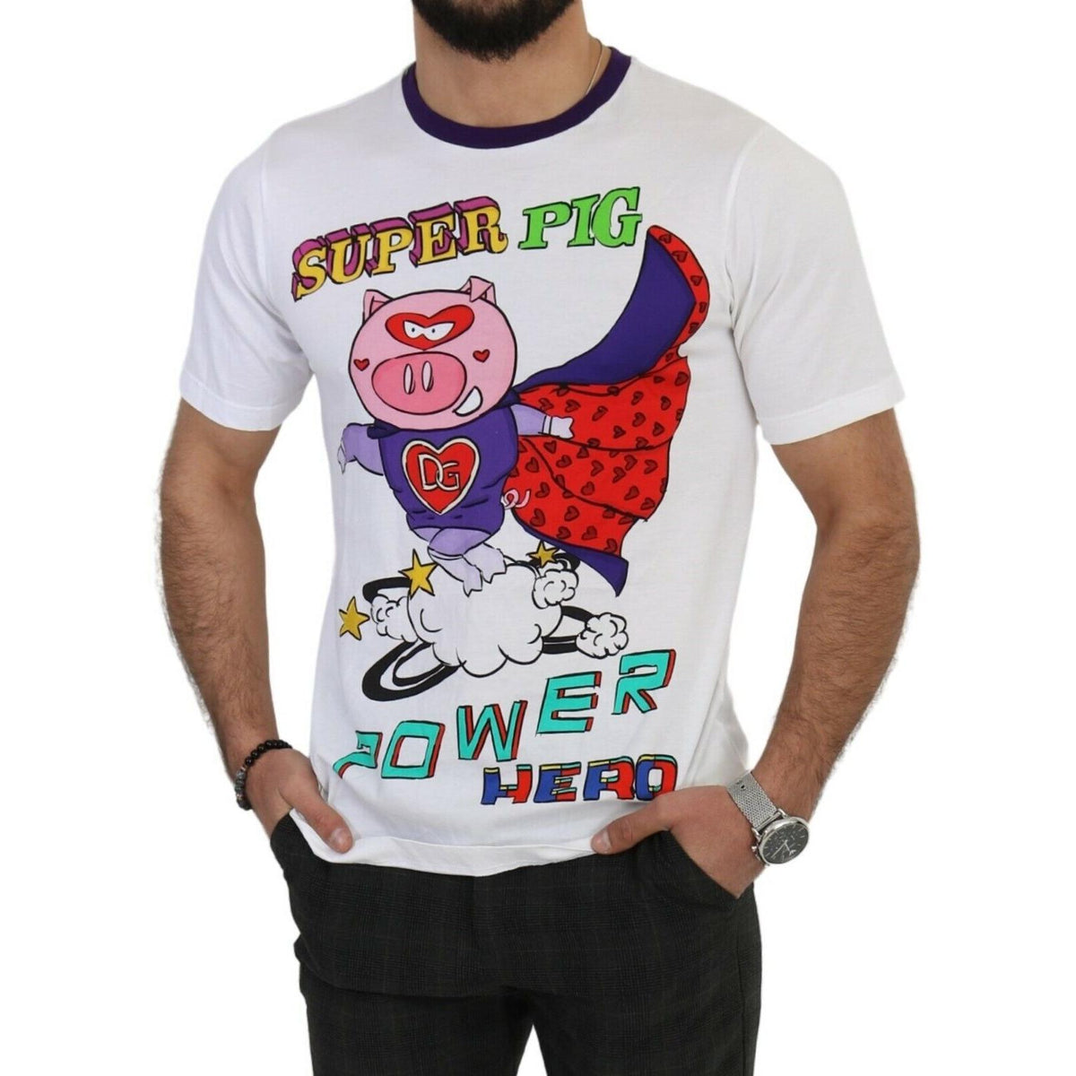 Dolce & Gabbana White Cotton Top Super Power Pig T-shirt