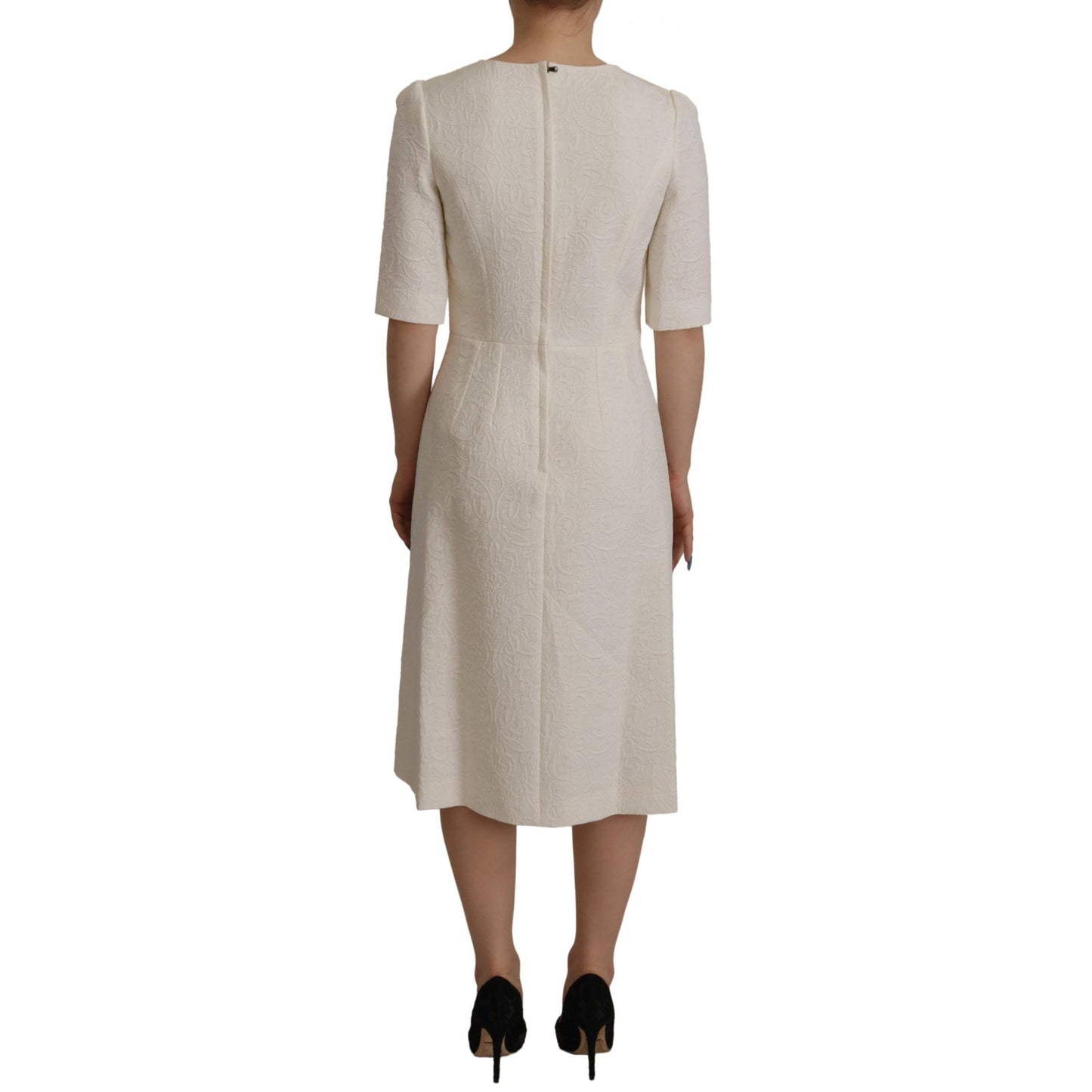 Dolce & Gabbana White Jaquard Midi Floral Sheath Brocade Dress