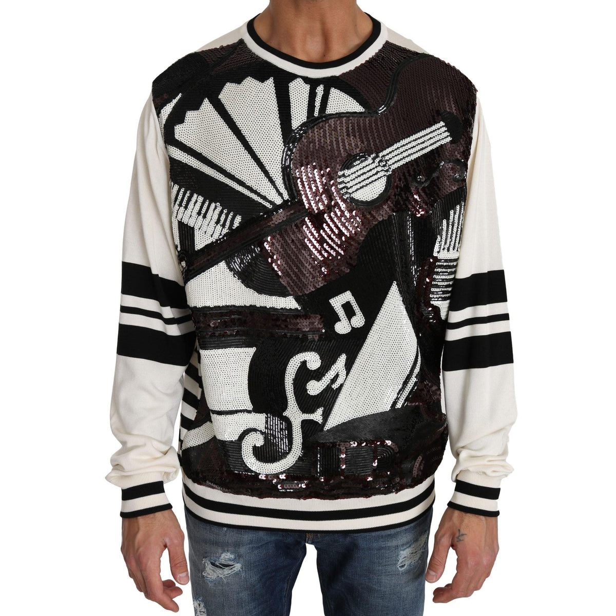 Dolce & Gabbana White Jazz Sequined Guitar Pullover Top Sweater
