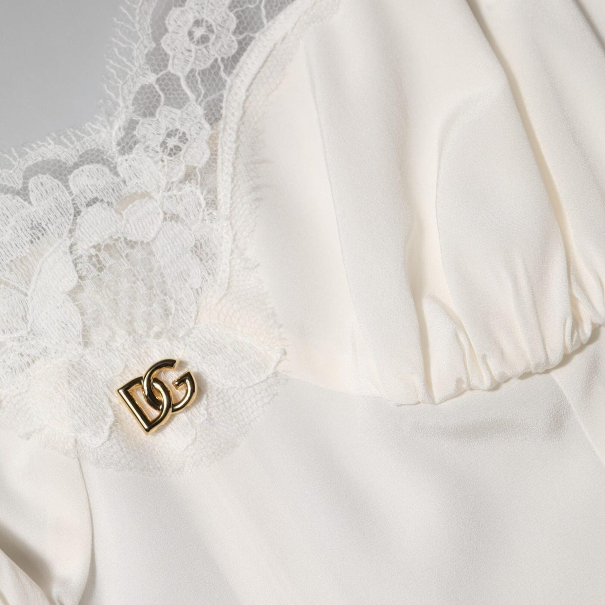 Dolce & Gabbana White Lace DG Logo Silk Dress Sleepwear