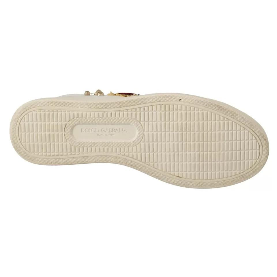 Dolce & Gabbana White Leather Gold Red Heart Sneakers Shoes