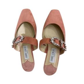 JIMMY CHOO Gee Flat Candyfloss Suede Flat Sandal With Jeweled Buckle