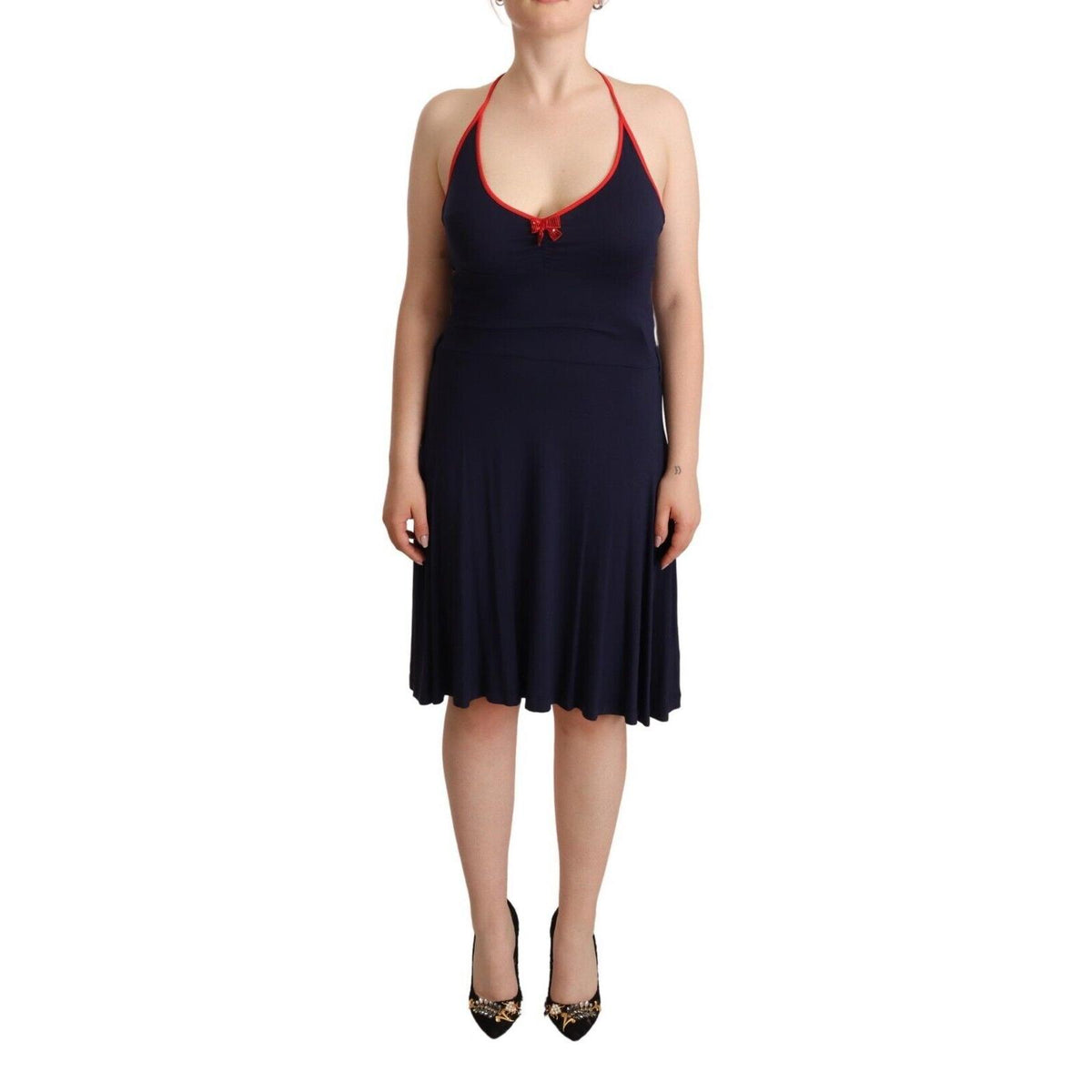 Roccobarocco Navy Blue Sleeveless Halter Sheath Midi Dress