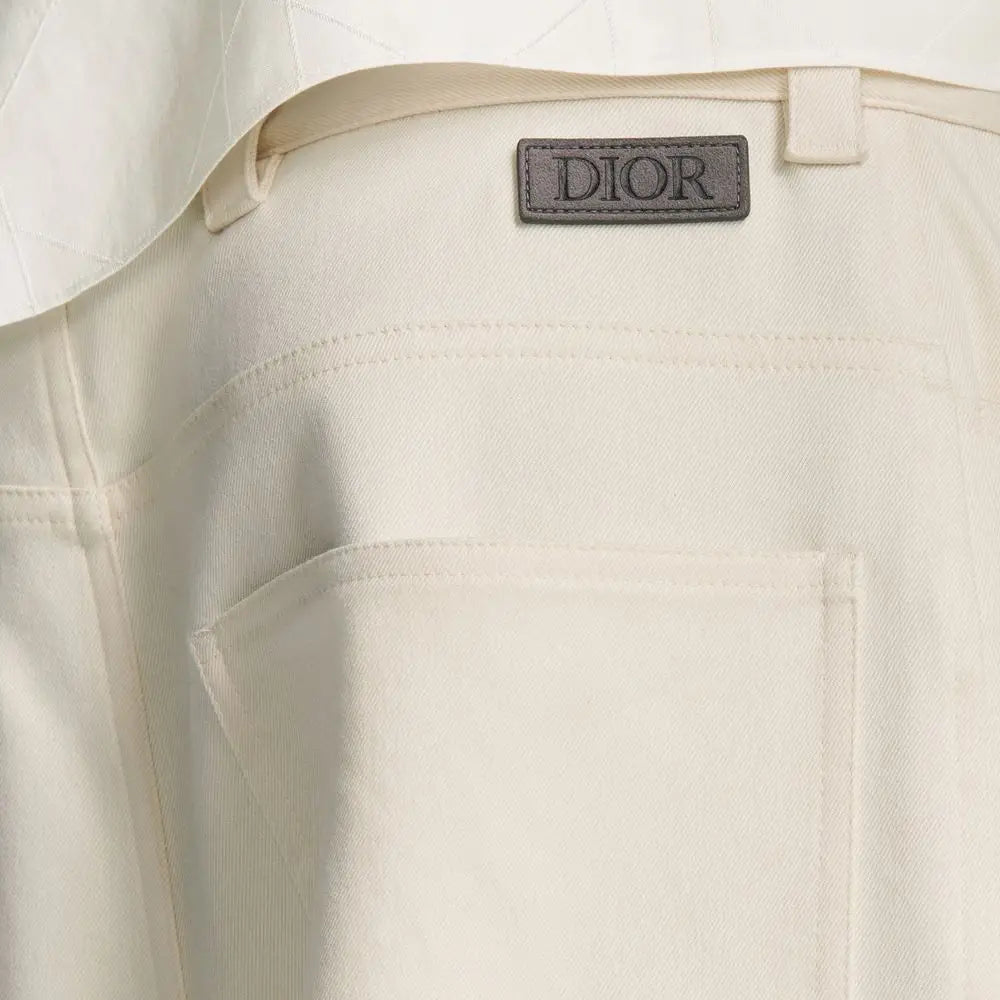 Creamfargede Dior bukser i hvid cashmere-chino med tekstureret stof og læderplet