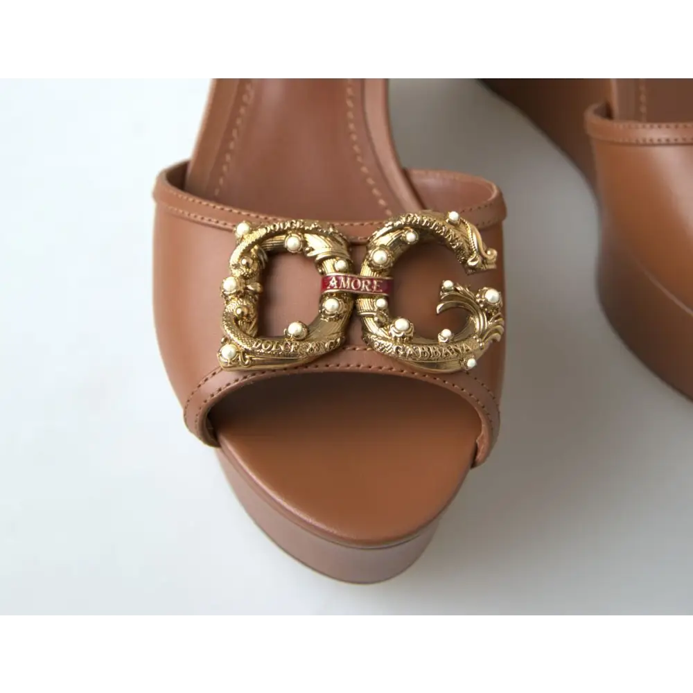 Dolce & Gabbana brown leather Amore wedges sandals with pearl DG logo