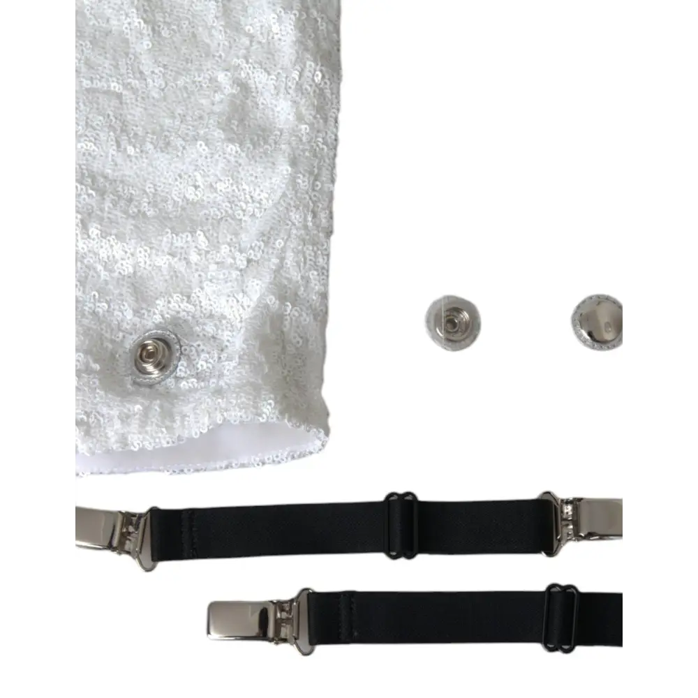 Dolce & Gabbana white heels stiletto boots med sekvensstof, sølvknapper og sorte seler