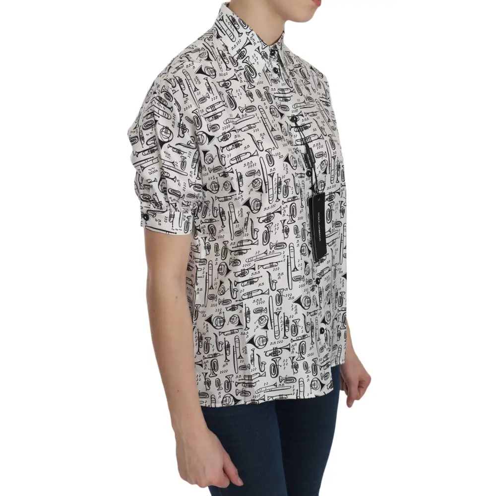Dolce & Gabbana hvid outlet mærkevare bluse med sort instrumenttryk, 100% original