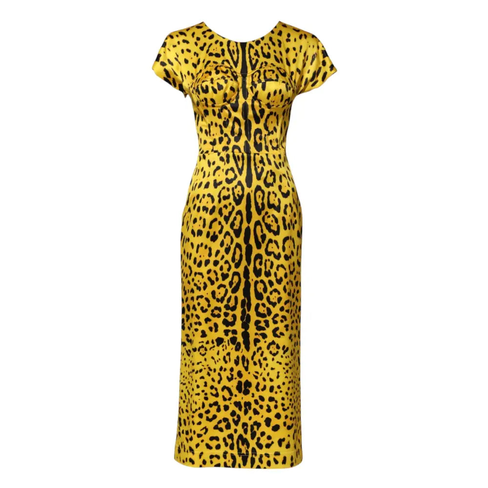 Dolce & Gabbana Yellow Polyester Leopard Midi Sheath Dress