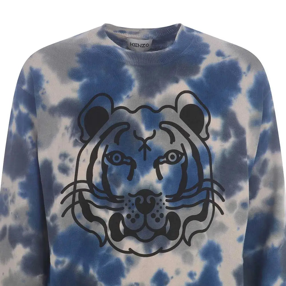 Kenzo grå bomuldssweatshirt med blå-hvid tie-dye og sort tigeransigt
