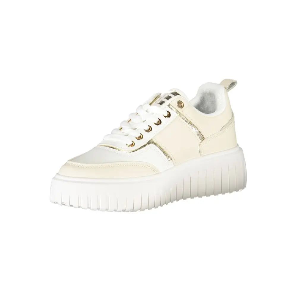 Creamfarvet Laura Biagiotti beige polyester sneakers med guldaccents