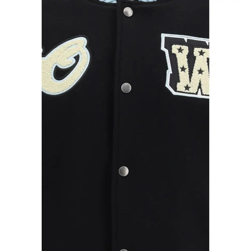 Off-White sort black ull bomber med cremede broderede patches og sølvs knapper