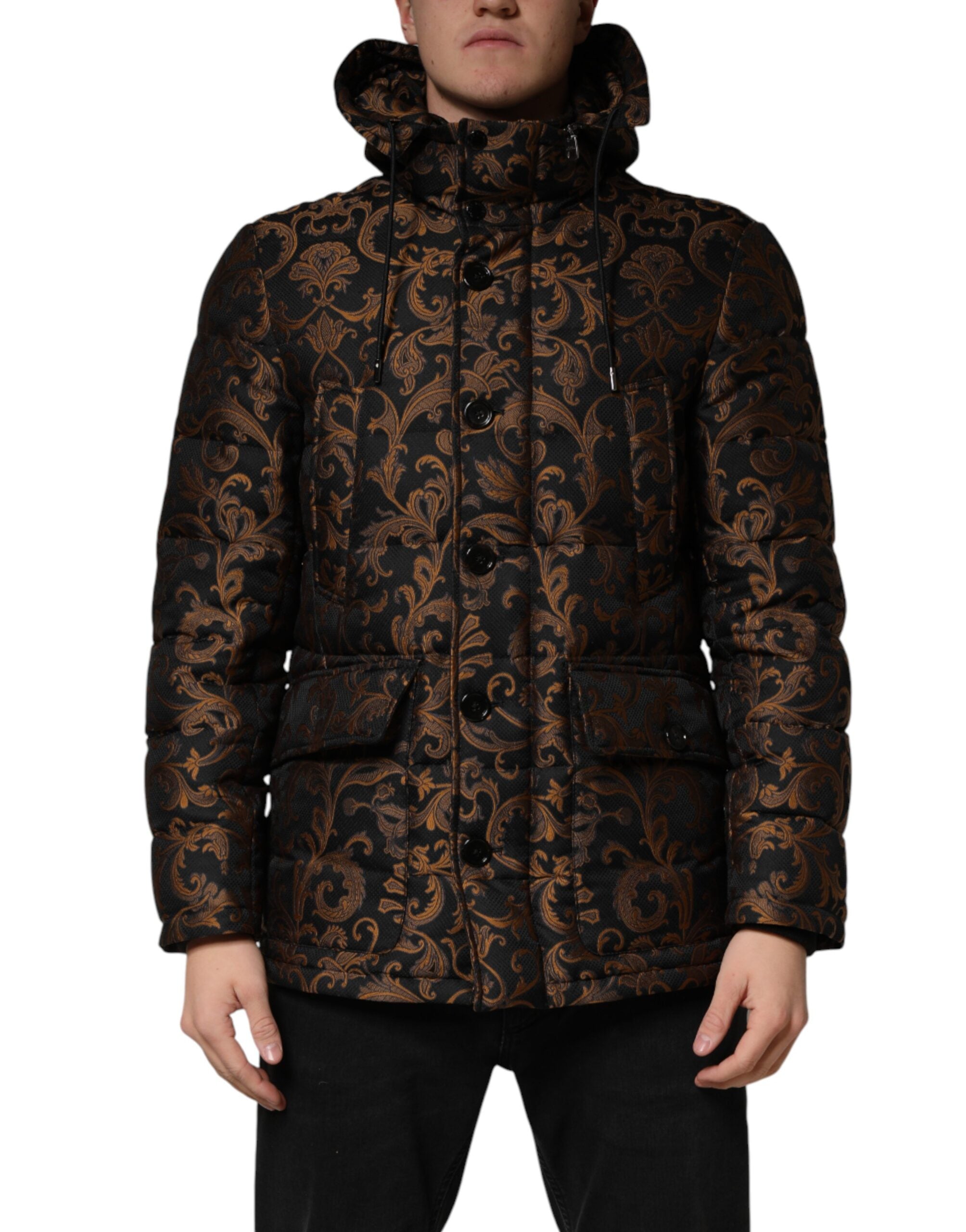 Dolce & Gabbana Black Floral Jacquard Quilted Hooded Jacket