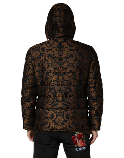 Dolce & Gabbana Black Floral Jacquard Quilted Hooded Jacket