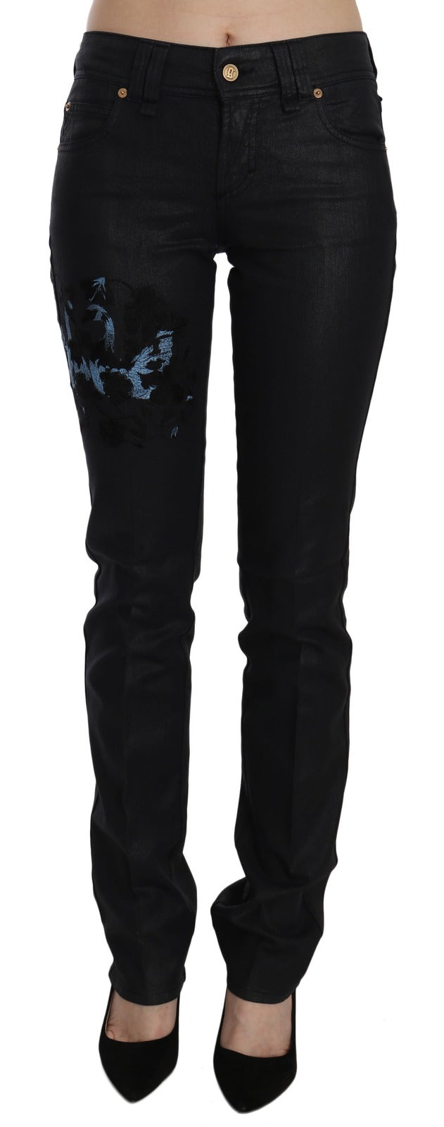John Galliano Black Swan Floral Embroidered Mid Waist Skinny Denim Jeans