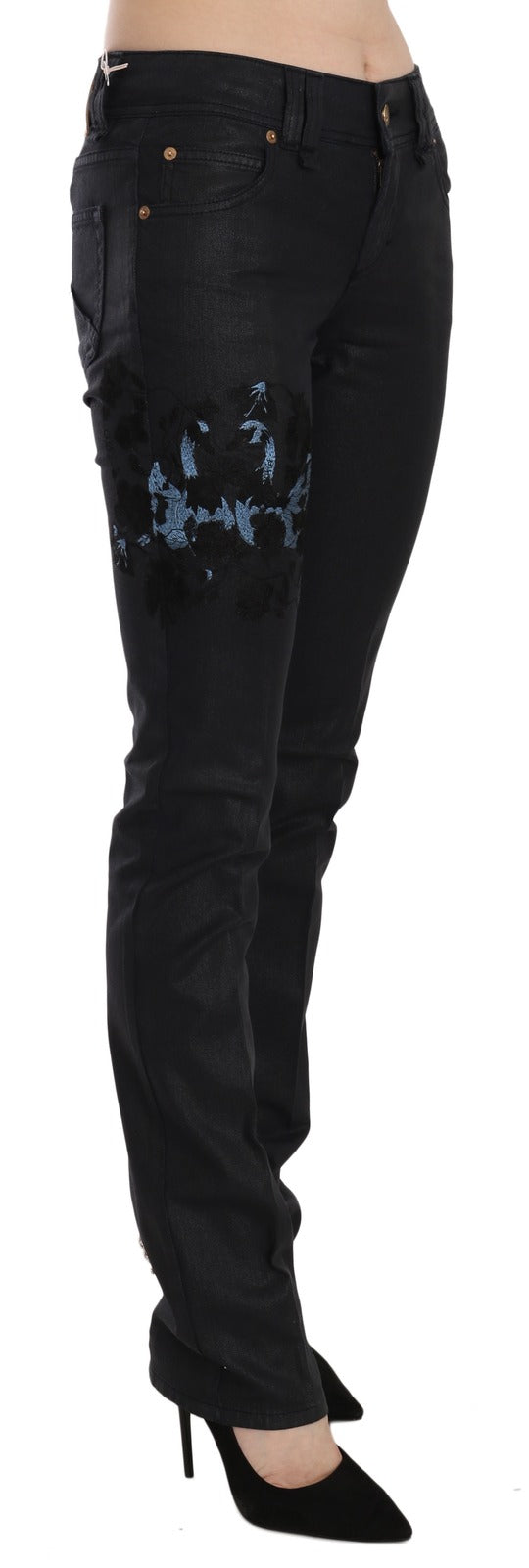 John Galliano Black Swan Floral Embroidered Mid Waist Skinny Denim Jeans