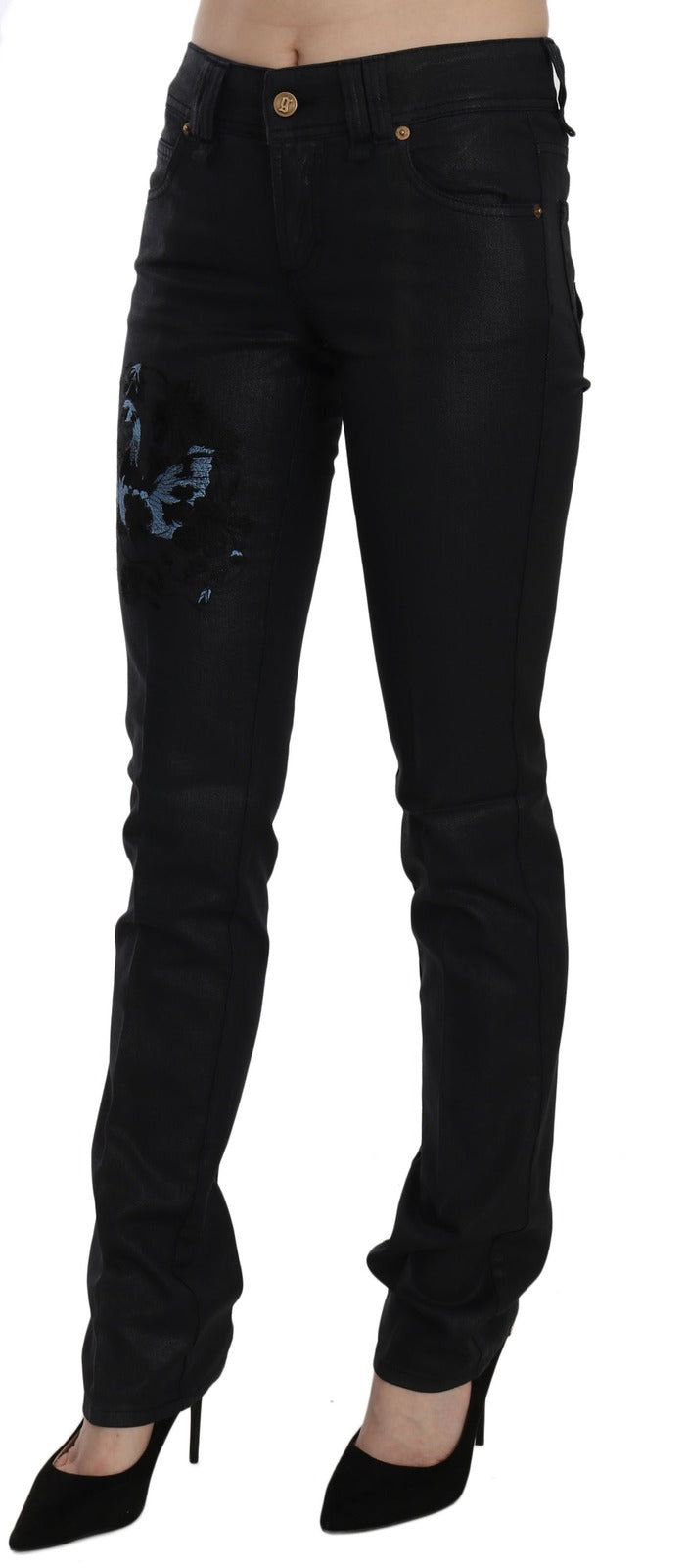 John Galliano Black Swan Floral Embroidered Mid Waist Skinny Denim Jeans
