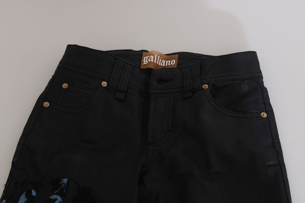 John Galliano Black Swan Floral Embroidered Mid Waist Skinny Denim Jeans