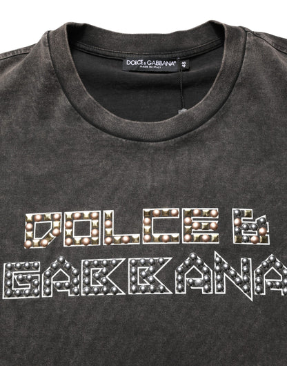 Dolce & Gabbana Gray Logo Embellished Men Crew Neck T-shirt
