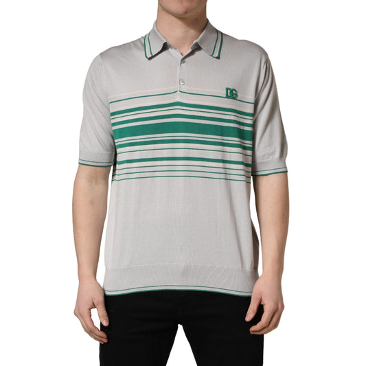 Dolce & Gabbana Gray Green Striped Logo Silk Polo T-shirt