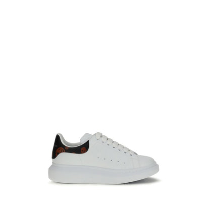 White lace-up shoe side view with black heel tab featuring brown patterns, thick white sole