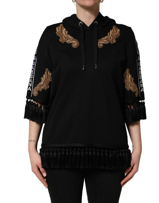 Dolce & Gabbana Black Embroidered Tassel Hooded Sweatshirt Sweater