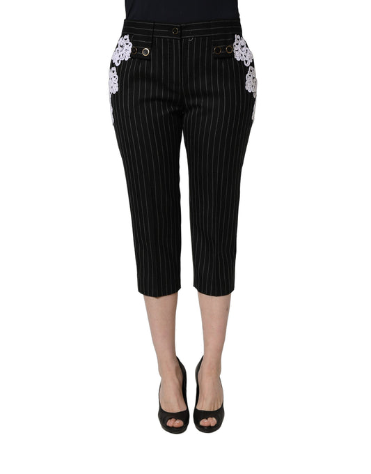 Dolce & Gabbana Cropped Pinstripe Trousers with Lace – Black