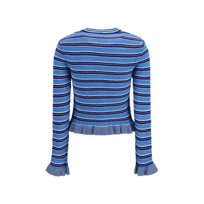 Ganni Striped Cotton Crochet Cardigan – Blue