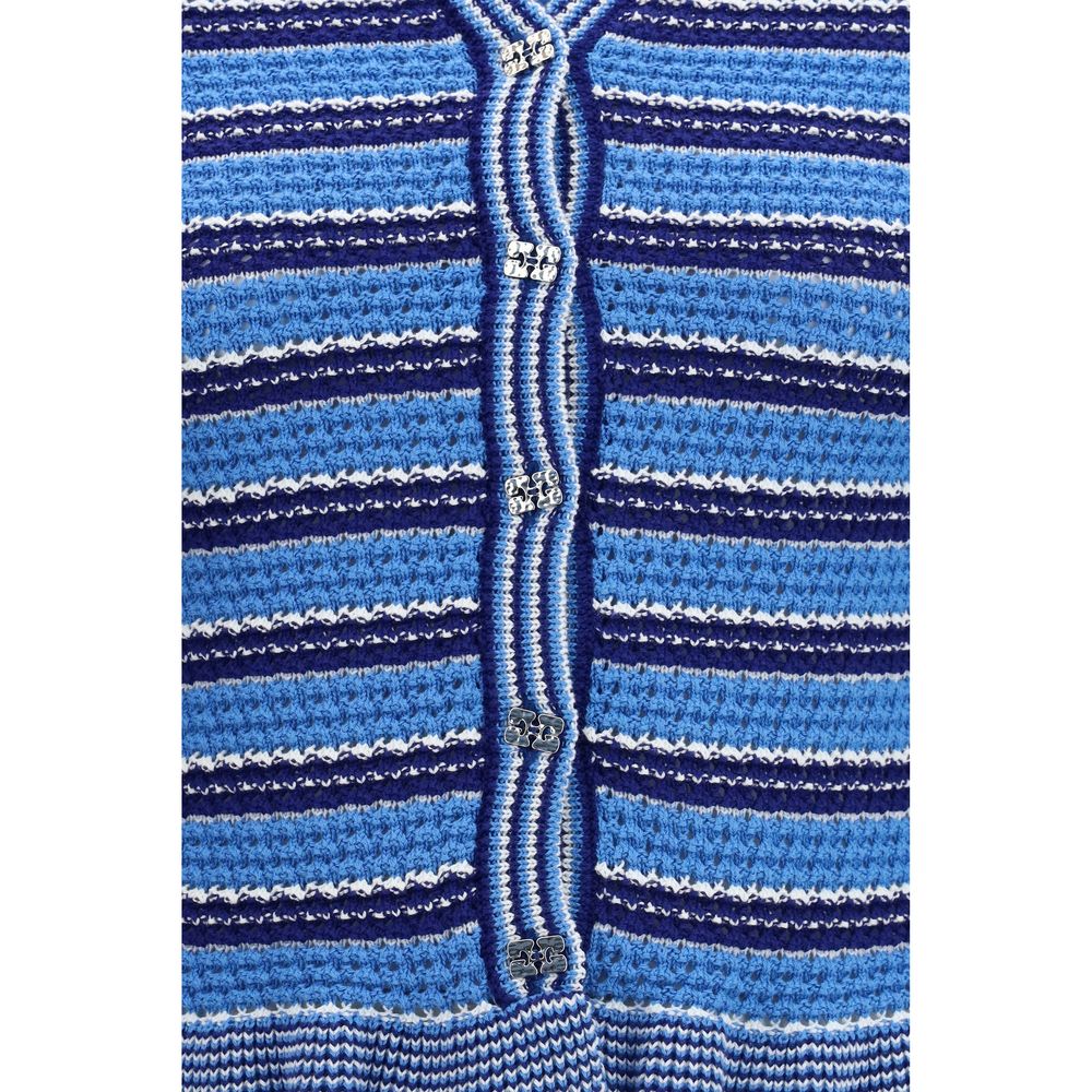 Ganni Striped Cotton Crochet Cardigan – Blue