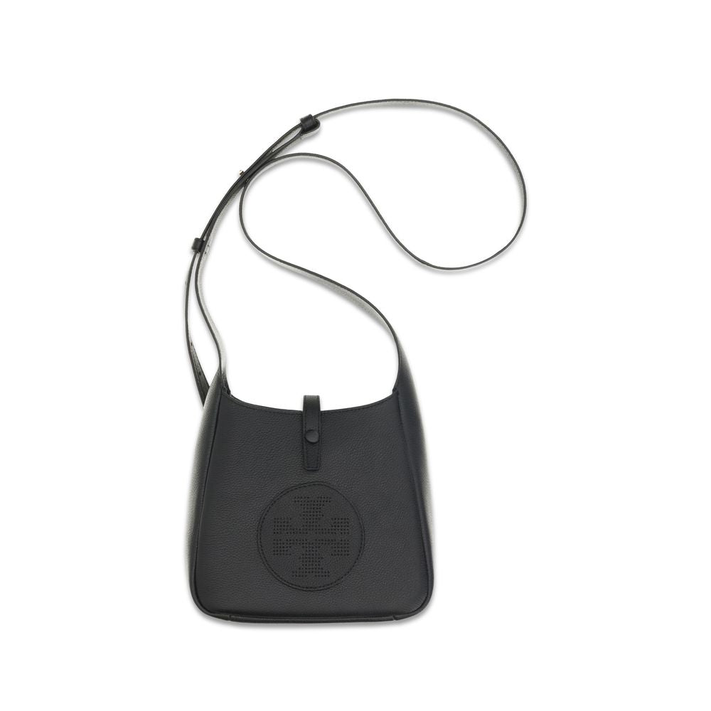 Black bag viewed from front with long adjustable strap and round logo with dotted pattern