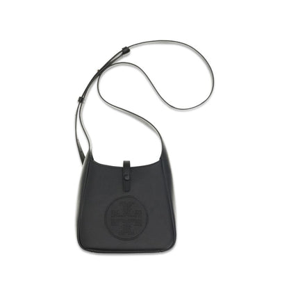 Black bag viewed from front with long adjustable strap and round logo with dotted pattern