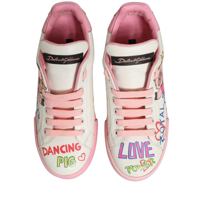 Dolce & Gabbana White Pink Portofino Royal Pig Sneakers Shoes