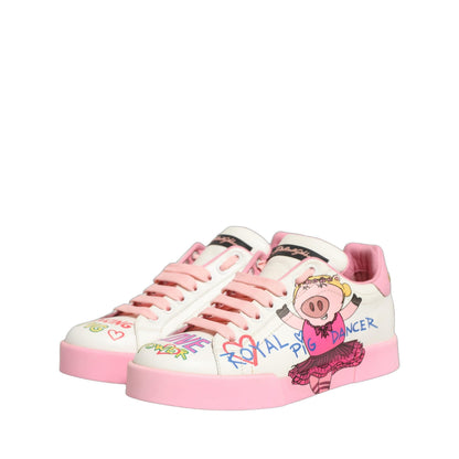 Dolce & Gabbana White Pink Portofino Royal Pig Sneakers Shoes