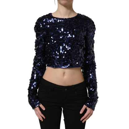 Dolce & Gabbana Blue Sequined Long Sleeves Crop Blouse Top