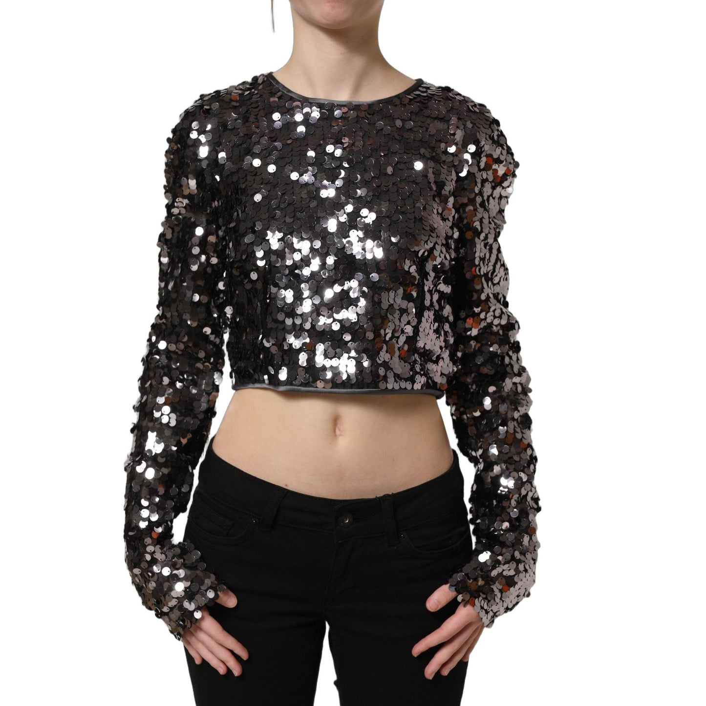 Dolce & Gabbana Black Sequined Long Sleeves Crop Blouse Top