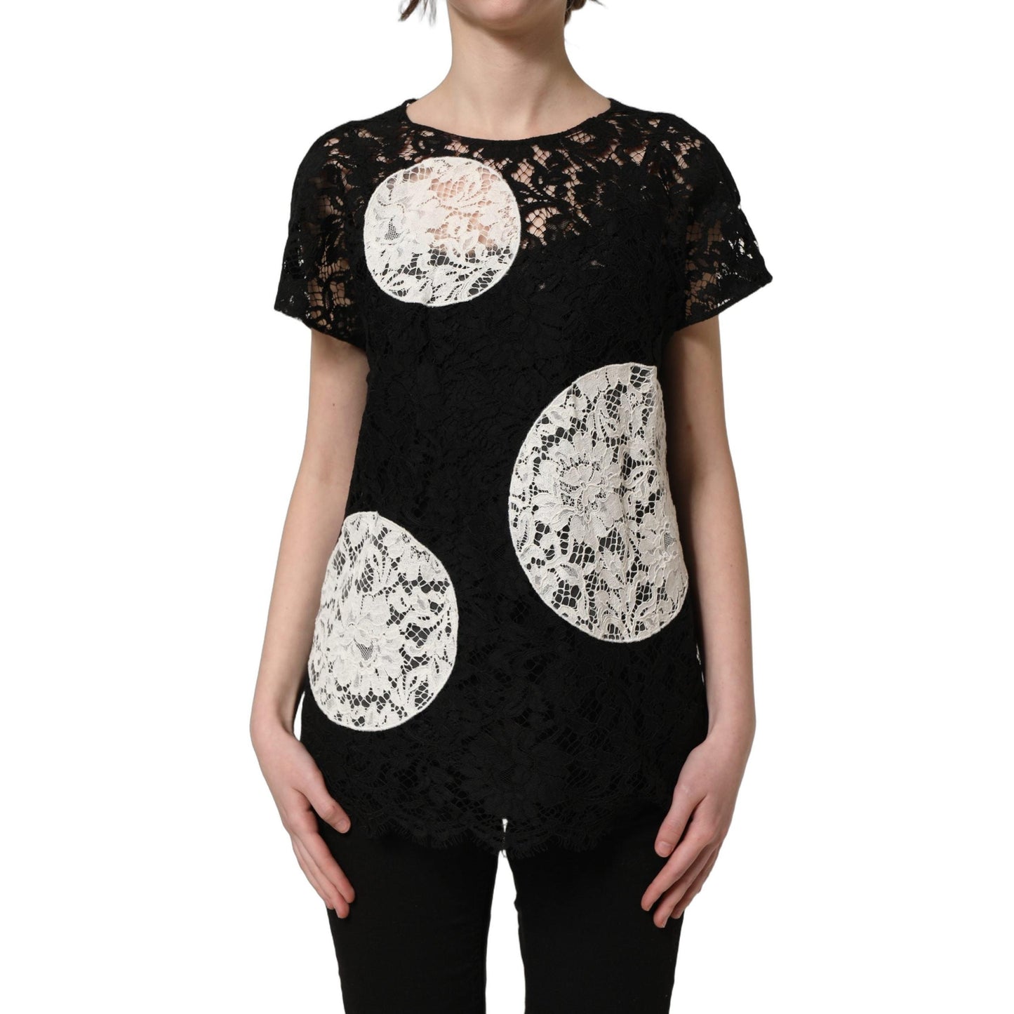 Dolce & Gabbana Black White Floral Lace Short Sleeve Blouse Top