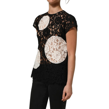 Dolce & Gabbana Black White Floral Lace Short Sleeve Blouse Top