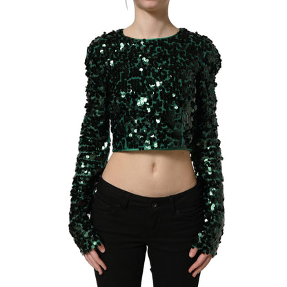 Dolce & Gabbana Green Sequined Long Sleeves Crop Blouse Top