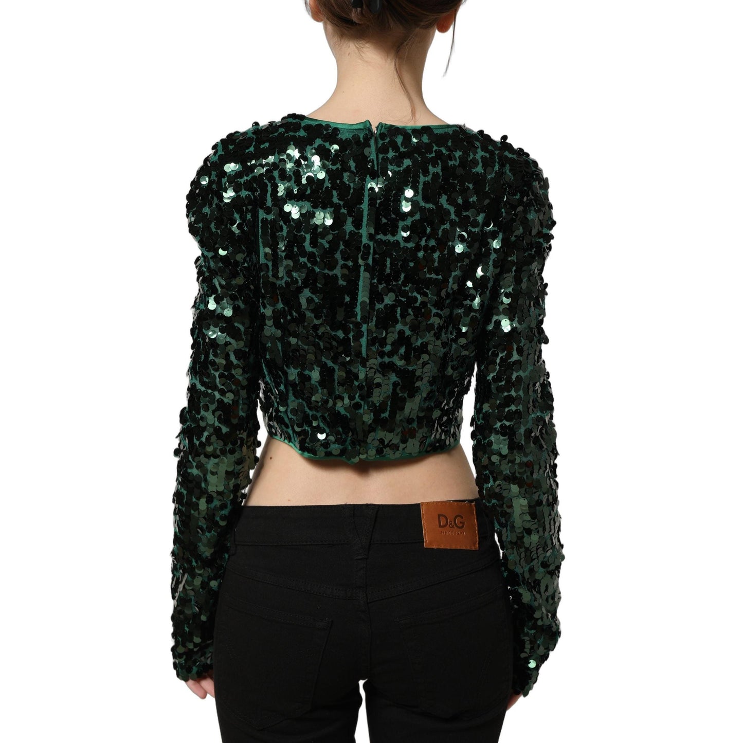 Dolce & Gabbana Green Sequined Long Sleeves Crop Blouse Top