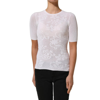 Alpha Studio White Floral Lace Knit Fabric Short Sleeves Blouse Top
