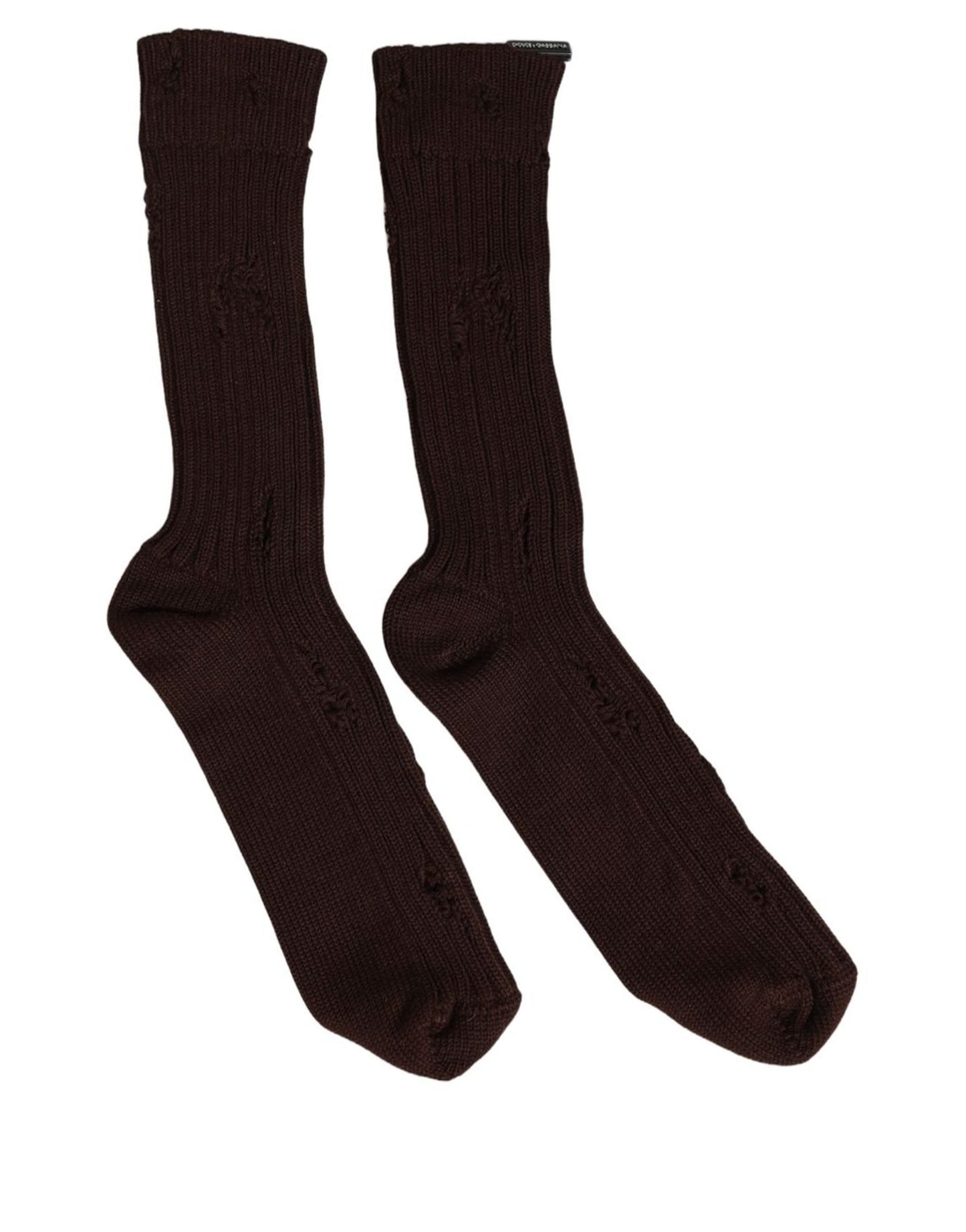 Dolce & Gabbana Dark Brown Cotton Distressed Mid Calf Accessory Socks