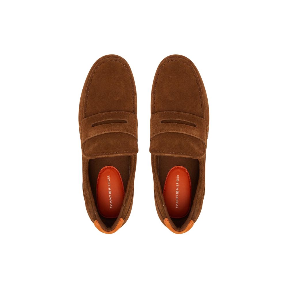 Pair of brown Tommy Hilfiger suede loafers, top view