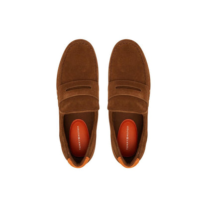 Pair of brown Tommy Hilfiger suede loafers, top view