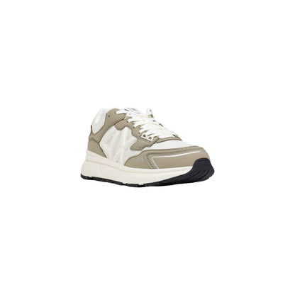 Armani Exchange trainers with laces and grey-green panels, angled front view