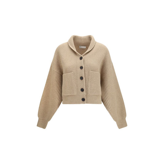 Tory Burch Cropped Ribbed Merino-Wool Cardigan – Beige