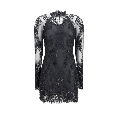 Blumarine Lace Mini Dress with Bead Embroidery – Black