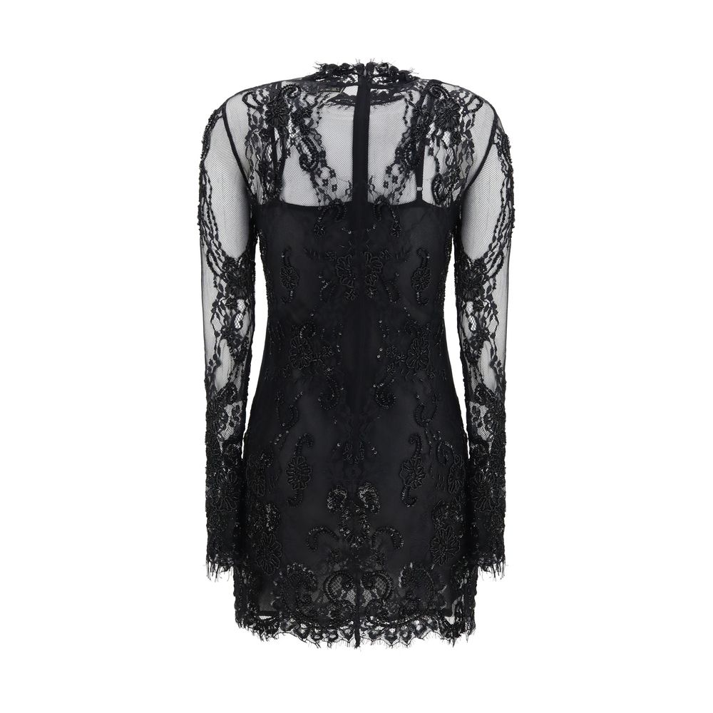 Blumarine Lace Mini Dress with Bead Embroidery – Black